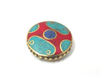 1 BEAD - Beautiful round disc tibetan brass bead with turquoise coral lapis inlay 24 mm - BD932