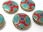 1 BEAD - Beautiful round disc tibetan brass bead with turquoise coral lapis inlay 24 mm - BD932