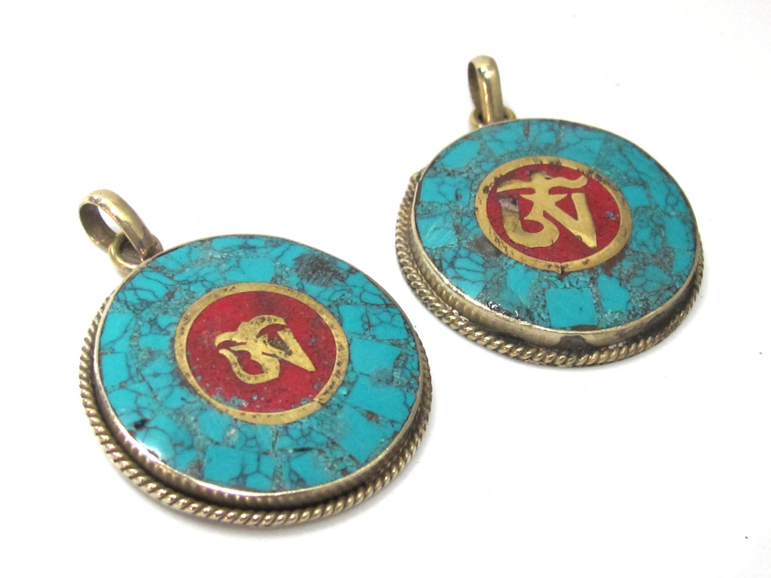 1 Pendant - Tibetan OM pendant with turquoise coral inlay - PM525