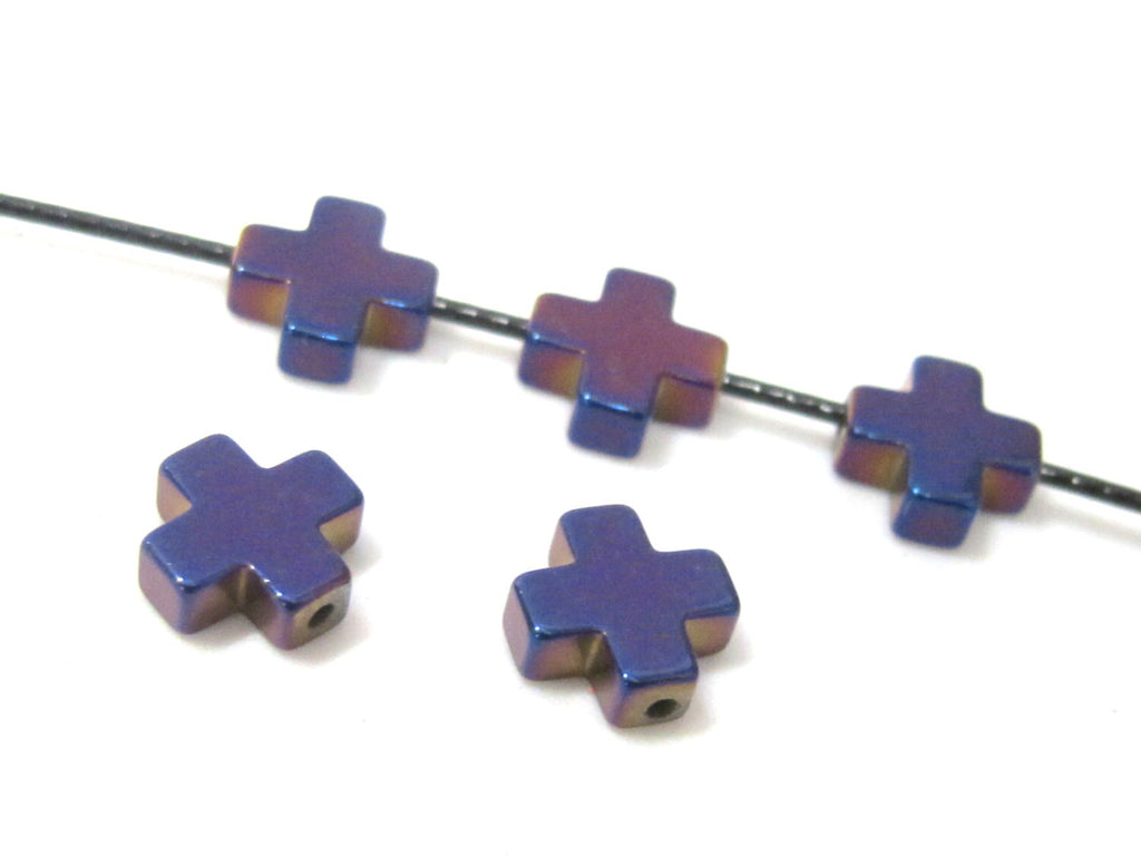 10 Beads - Metallic purple titanium color plated hematite gemstone cross beads 8 mm - GM414
