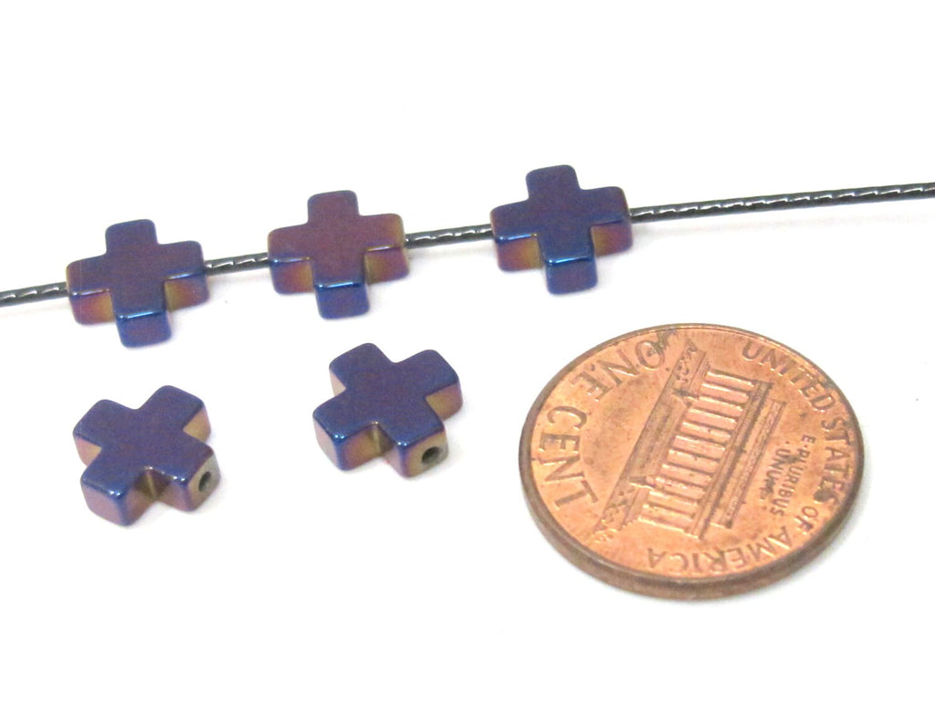 10 Beads - Metallic purple titanium color plated hematite gemstone cross beads 8 mm - GM414