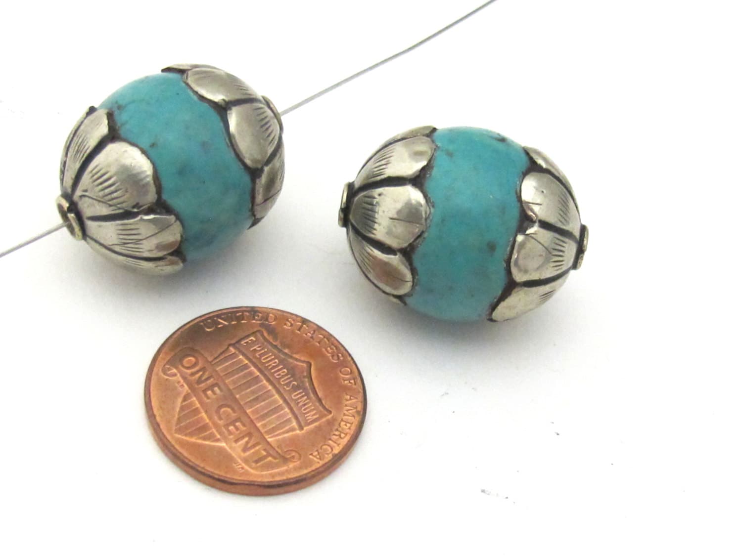 1 Bead- Beautiful thick floral capped turquoise gemstone beads from Nepal - BD918
