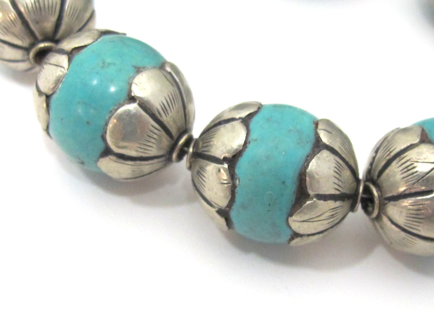 1 Bead- Beautiful thick floral capped turquoise gemstone beads from Nepal - BD918