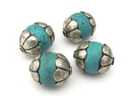 1 Bead- Beautiful thick floral capped turquoise gemstone beads from Nepal - BD918