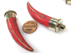 1 Pendant - Long Tibetan horn chilli shape Brass pendant with red inlay - PM518