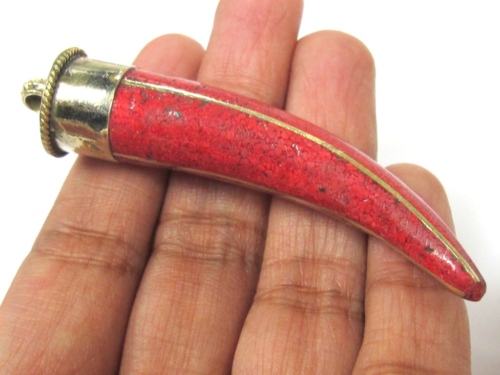 1 Pendant - Long Tibetan horn chilli shape Brass pendant with red inlay - PM518