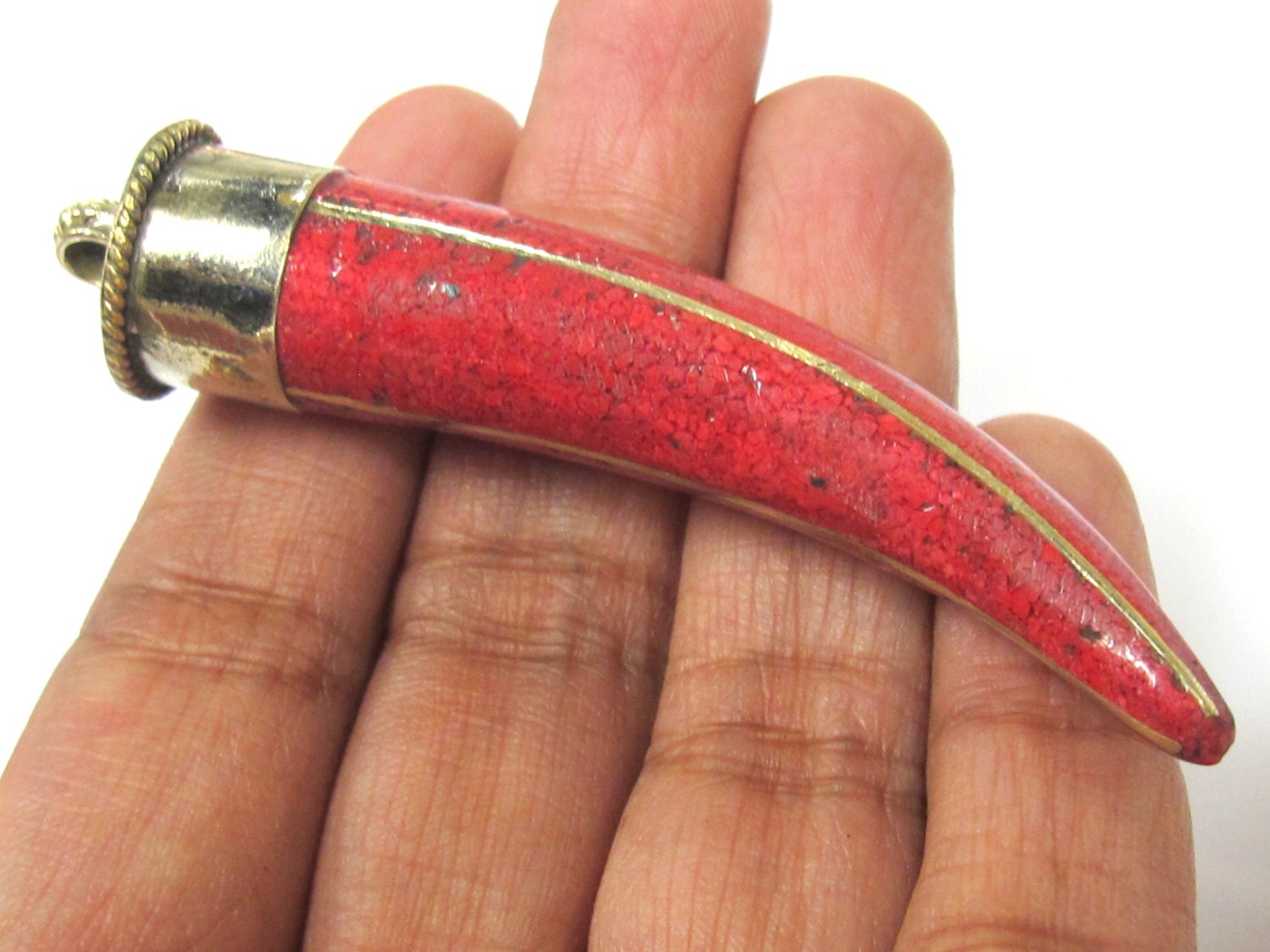 1 Pendant - Long Tibetan horn chilli shape Brass pendant with red inlay - PM518