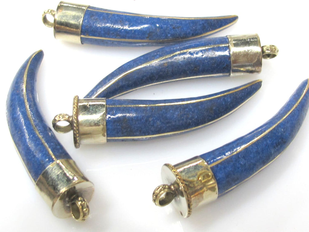 1 Pendant - Long Tibetan horn chilli shape Brass pendant with blue inlay - PM519