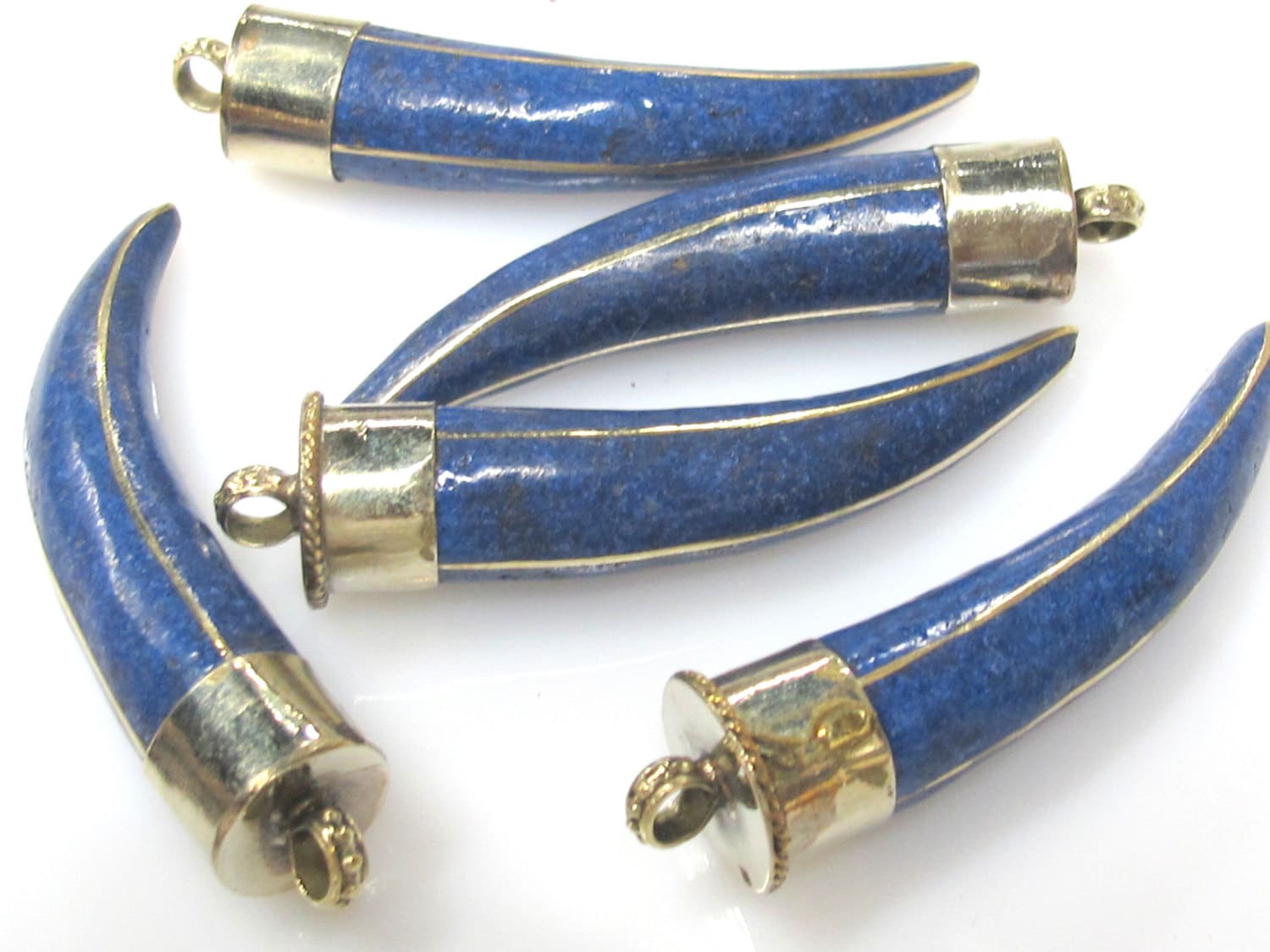 1 Pendant - Long Tibetan horn chilli shape Brass pendant with blue inlay - PM519