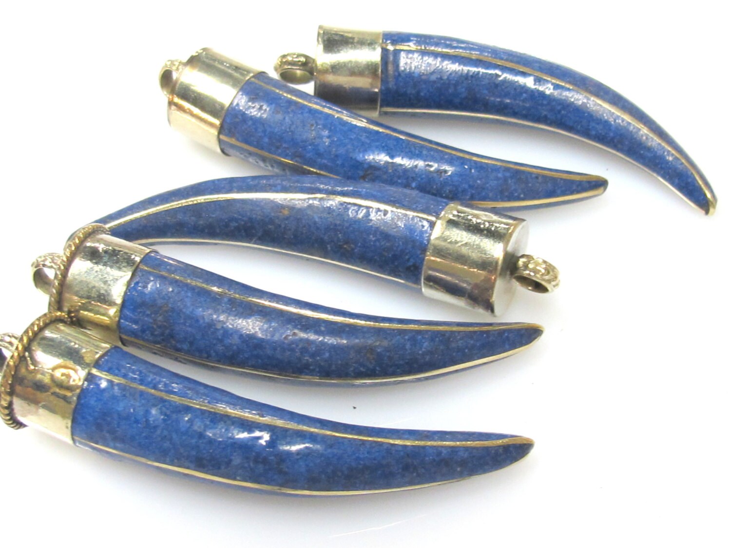 1 Pendant - Long Tibetan horn chilli shape Brass pendant with blue inlay - PM519