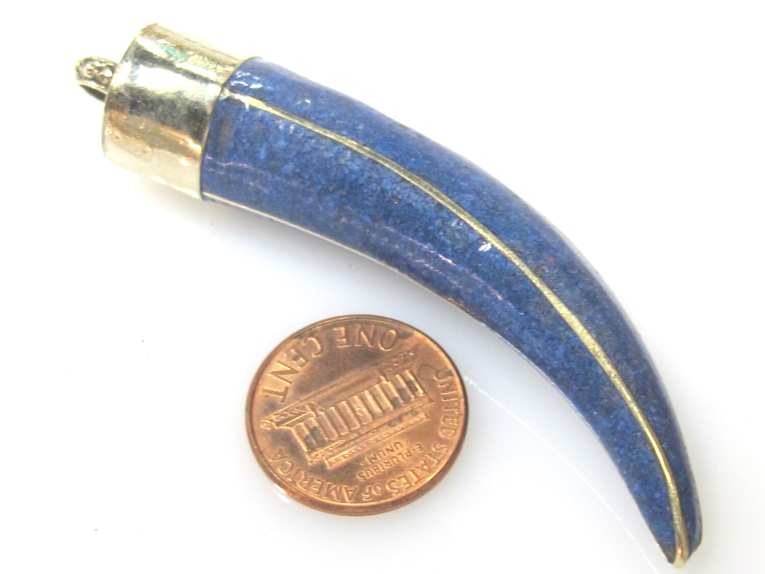1 Pendant - Long Tibetan horn chilli shape Brass pendant with blue inlay - PM519