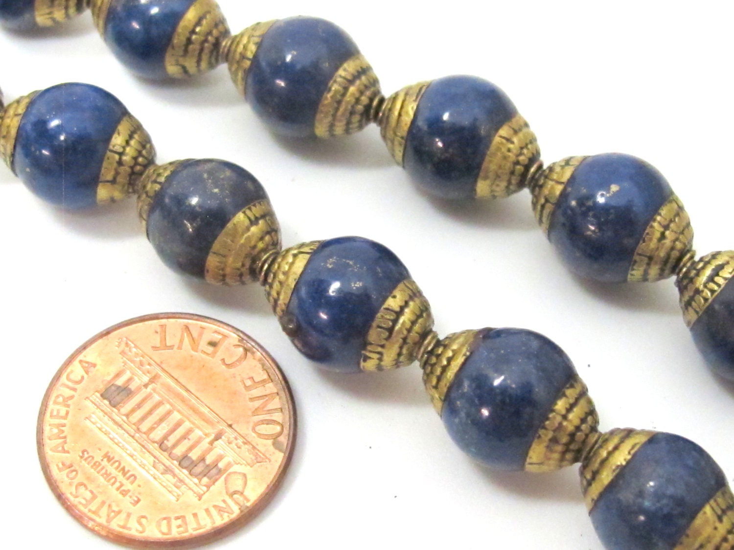 4 BEADS - Tibetan Nepal capped lapis gemstone beads - BD926