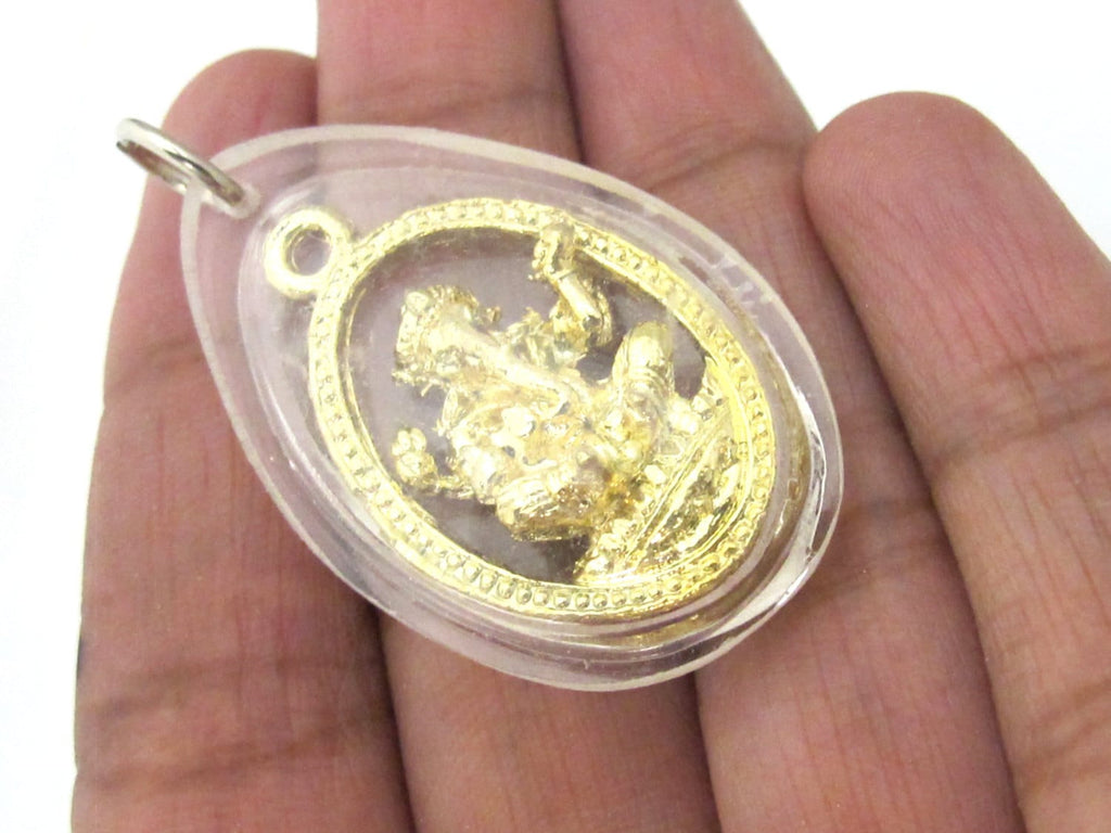 1 Pendant - Hindu lord Ganesha gold color plated brass charm pendant encased in clear resin from Nepal - great for keyring bag charm - PM520