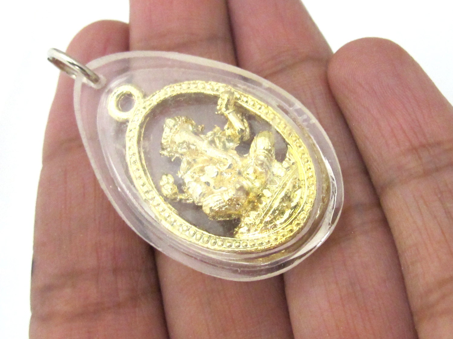 1 Pendant - Hindu lord Ganesha gold color plated brass charm pendant encased in clear resin from Nepal - great for keyring bag charm - PM520