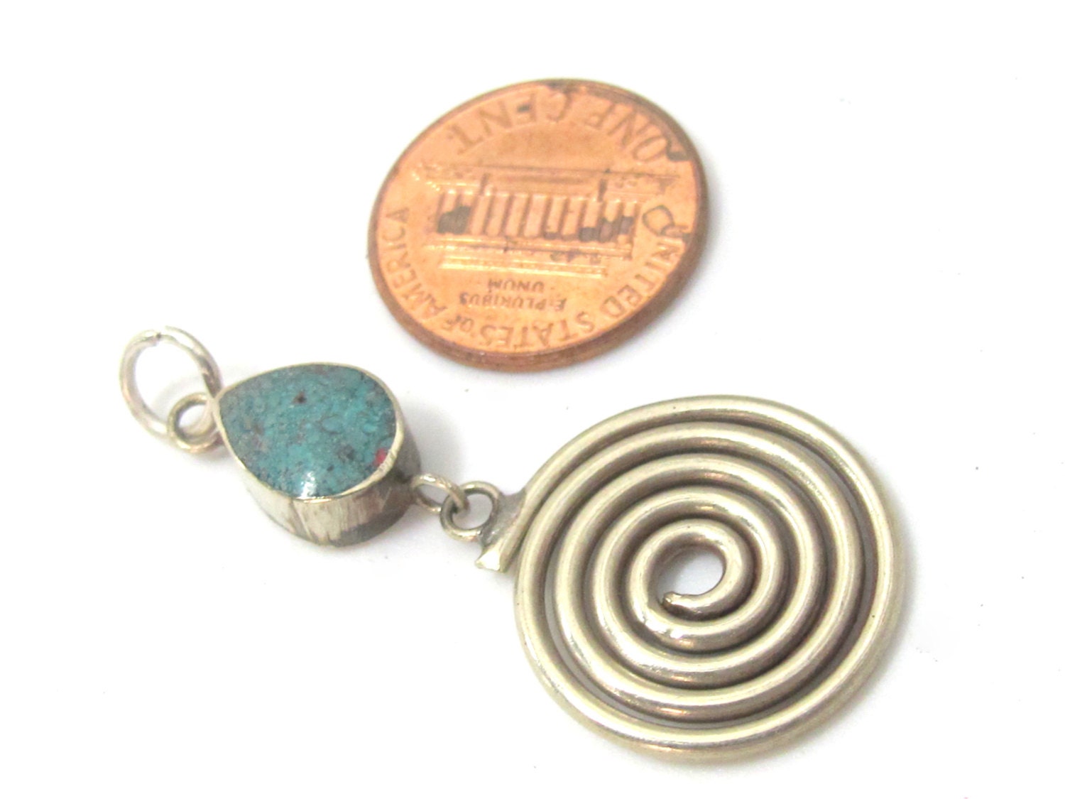 1 charm - Tibetan silver charm spiral design dangle charm pendant with turquoise inlay from Nepal - PM521A