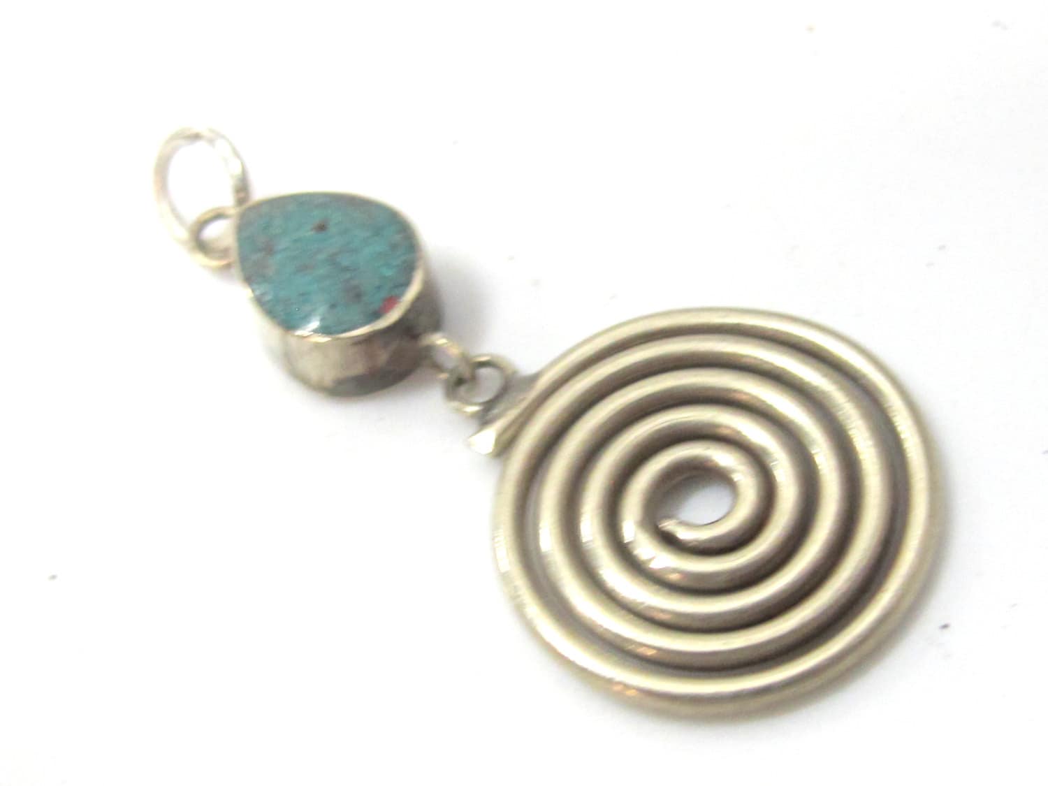 1 charm - Tibetan silver charm spiral design dangle charm pendant with turquoise inlay from Nepal - PM521A