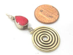 1 charm - Tibetan silver spiral teardrop design dangle charm pendant with coral inlay - PM521B