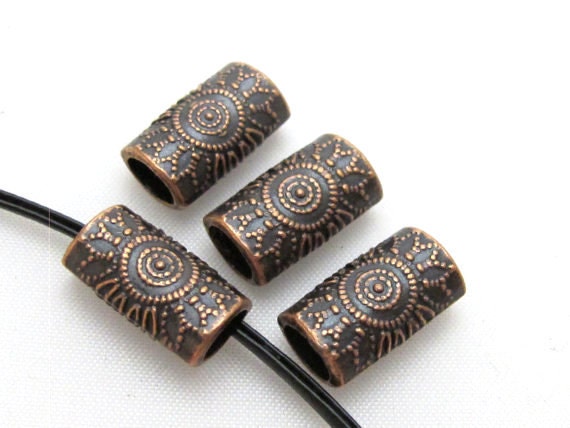 8 Beads-Copper tone sun floral design large hole convex cylinder shape metal beads - BD410