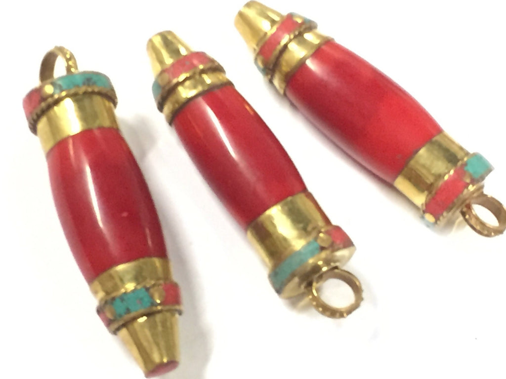 1 pendant - Tibetan red resin bullet shape pendant with brass cap and inlays - PM534