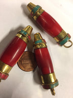 1 pendant - Tibetan red resin bullet shape pendant with brass cap and inlays - PM534