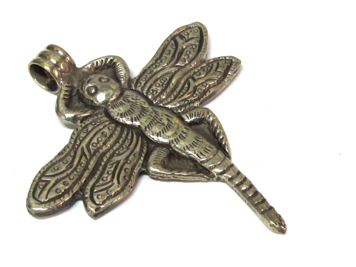 1 Pendant - Tibetan silver carved Dragonfly pendant with reverse side flower carving repousse - PM346D