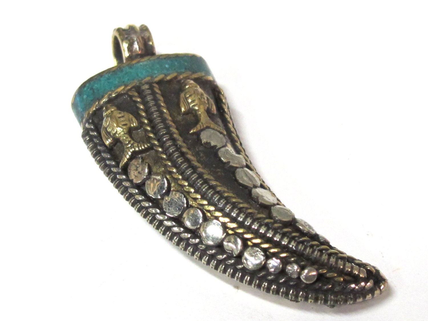 1 Pendant - Long Tibetan Brass silver dual color fish design pendant with turquoise inlay - PM535