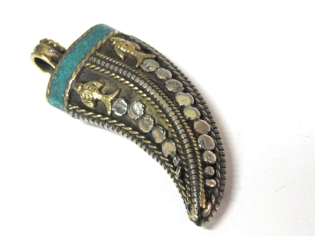 1 Pendant - Long Tibetan Brass silver dual color fish design pendant with turquoise inlay - PM535