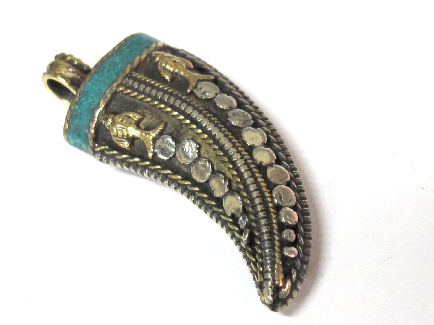 1 Pendant - Long Tibetan Brass silver dual color fish design pendant with turquoise inlay - PM535