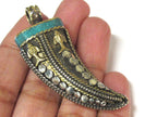 1 Pendant - Long Tibetan Brass silver dual color fish design pendant with turquoise inlay - PM535