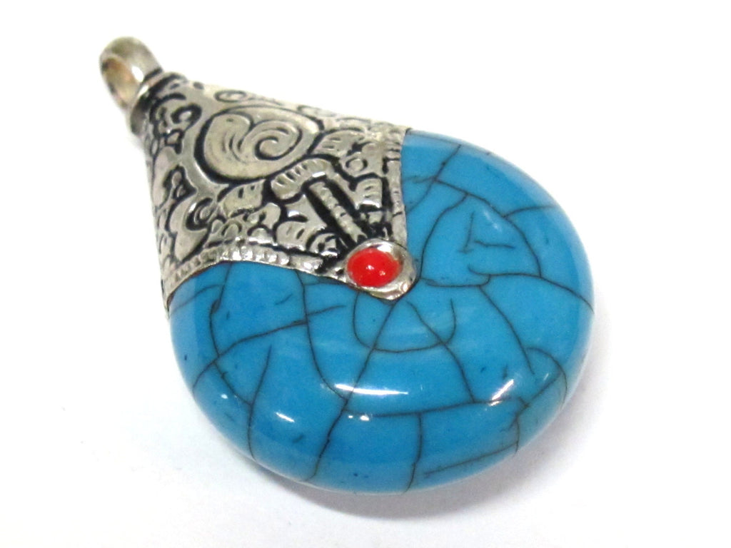 1 pendant - Tibetan silver blue crackle resin reversible pendant with lotus carved design on bail - PM536