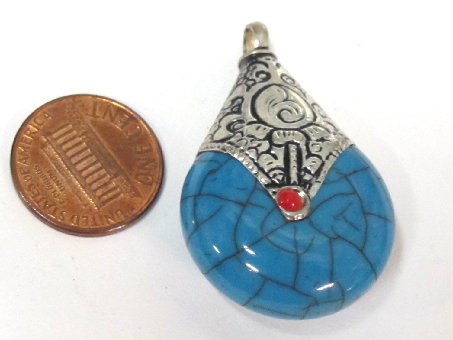 1 pendant - Tibetan silver blue crackle resin reversible pendant with lotus carved design on bail - PM536