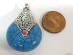 1 pendant - Tibetan silver blue crackle resin reversible pendant with lotus carved design on bail - PM536