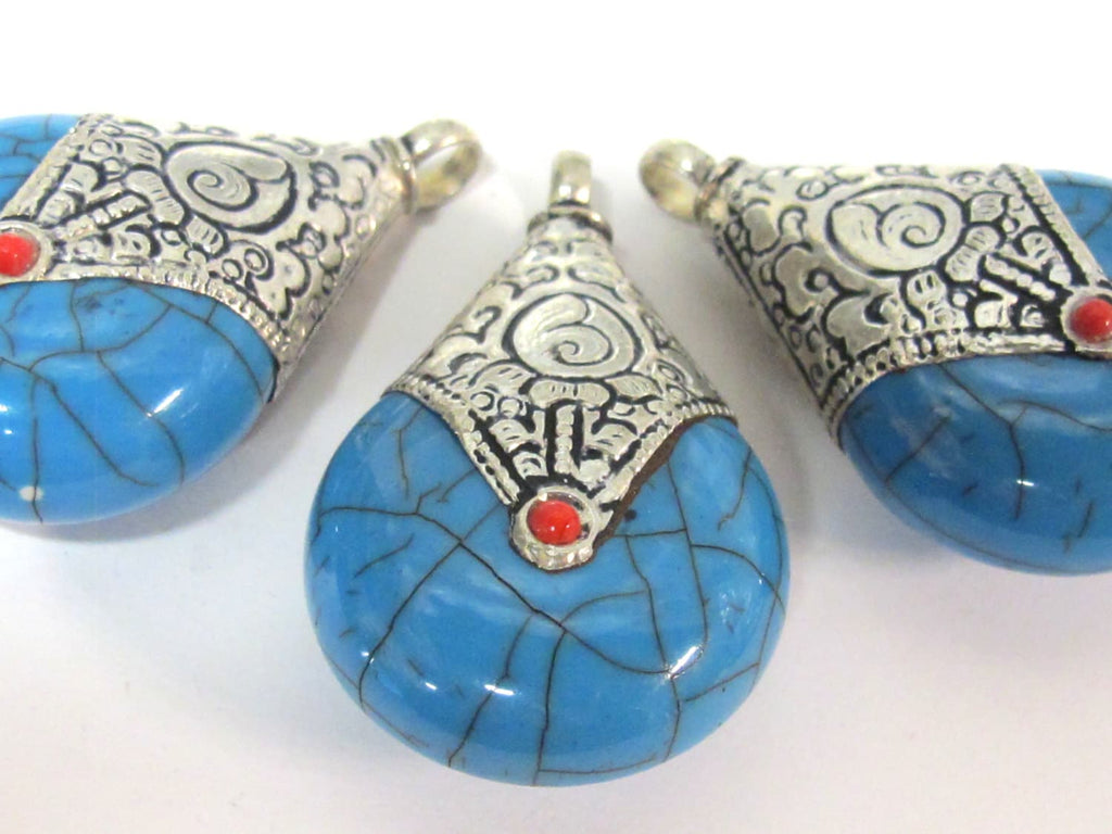 1 pendant - Tibetan silver blue crackle resin reversible pendant with lotus carved design on bail - PM536