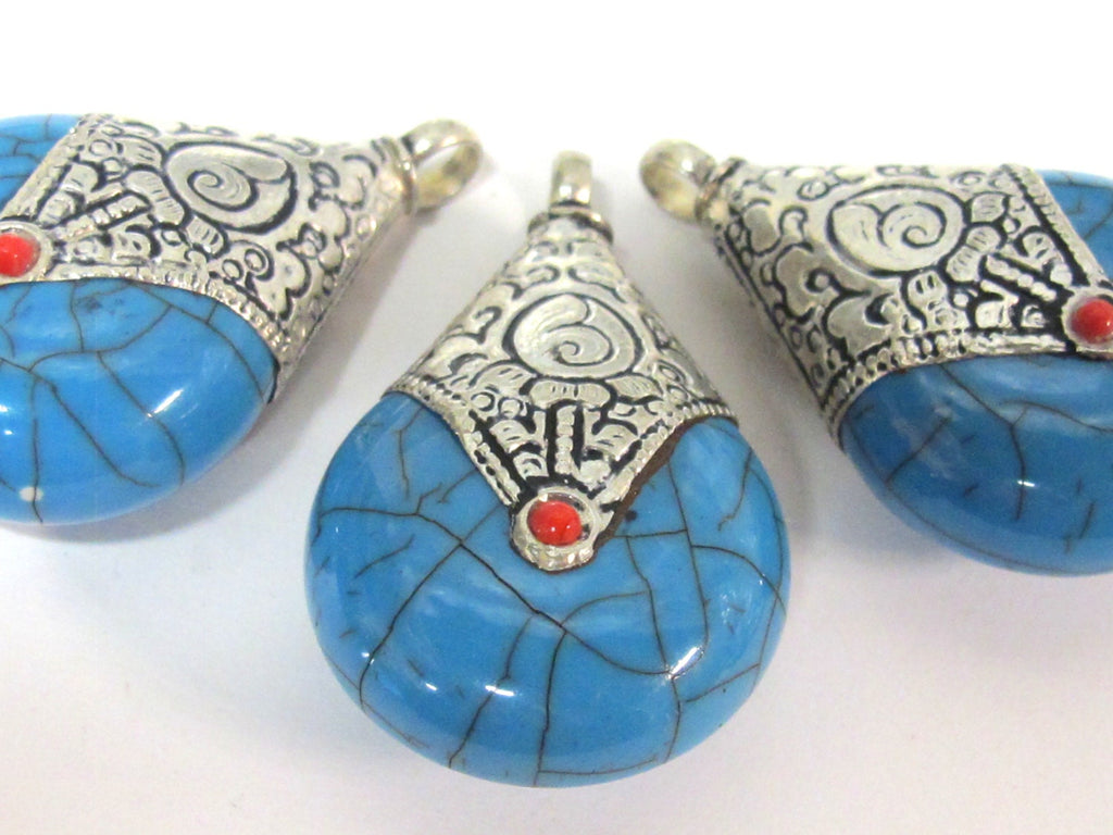 1 pendant - Tibetan silver blue crackle resin reversible pendant with lotus carved design on bail - PM536