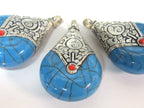1 pendant - Tibetan silver blue crackle resin reversible pendant with lotus carved design on bail - PM536