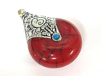 1 pendant - Tibetan silver red crackle resin reversible pendant with lotus carved design on bail - PM537