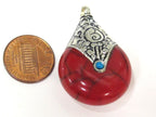 1 pendant - Tibetan silver red crackle resin reversible pendant with lotus carved design on bail - PM537