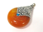 1 pendant - Tibetan silver yellow copal resin reversible pendant with lotus carved design on bail - PM538