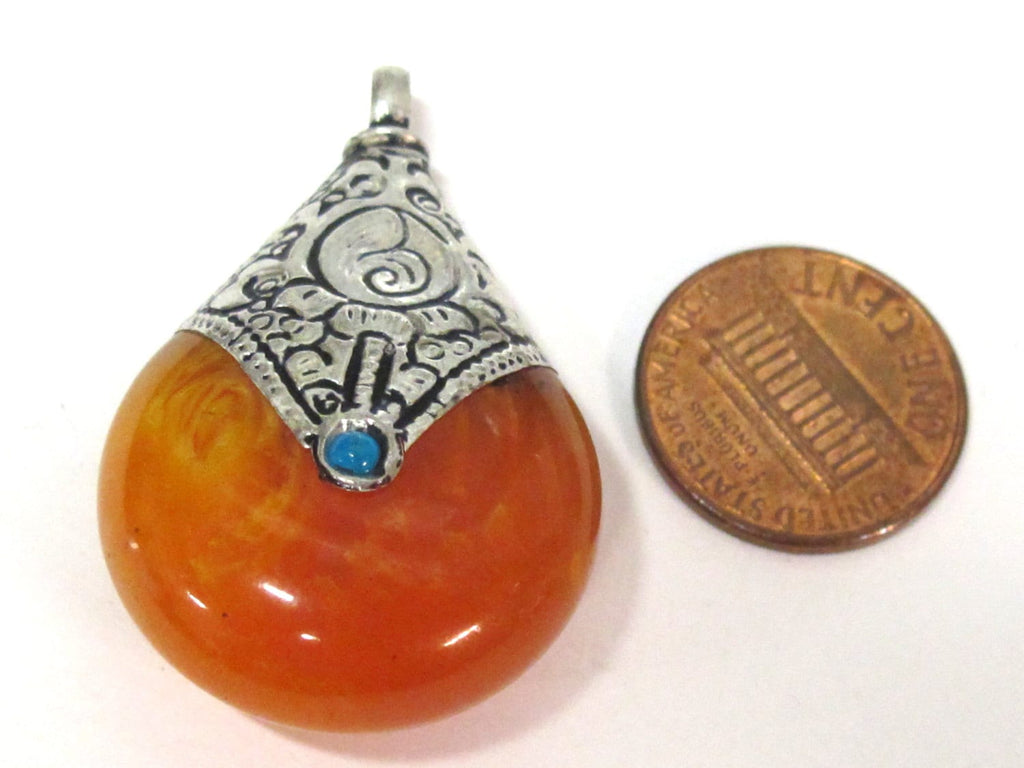 1 pendant - Tibetan silver yellow copal resin reversible pendant with lotus carved design on bail - PM538