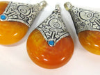 1 pendant - Tibetan silver yellow copal resin reversible pendant with lotus carved design on bail - PM538