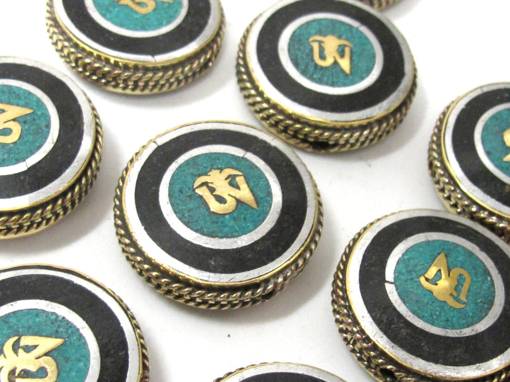 1 BEAD - Tibetan Om inscribed reversible brass bead with turquoise inlay 27 -28 mm - BD930