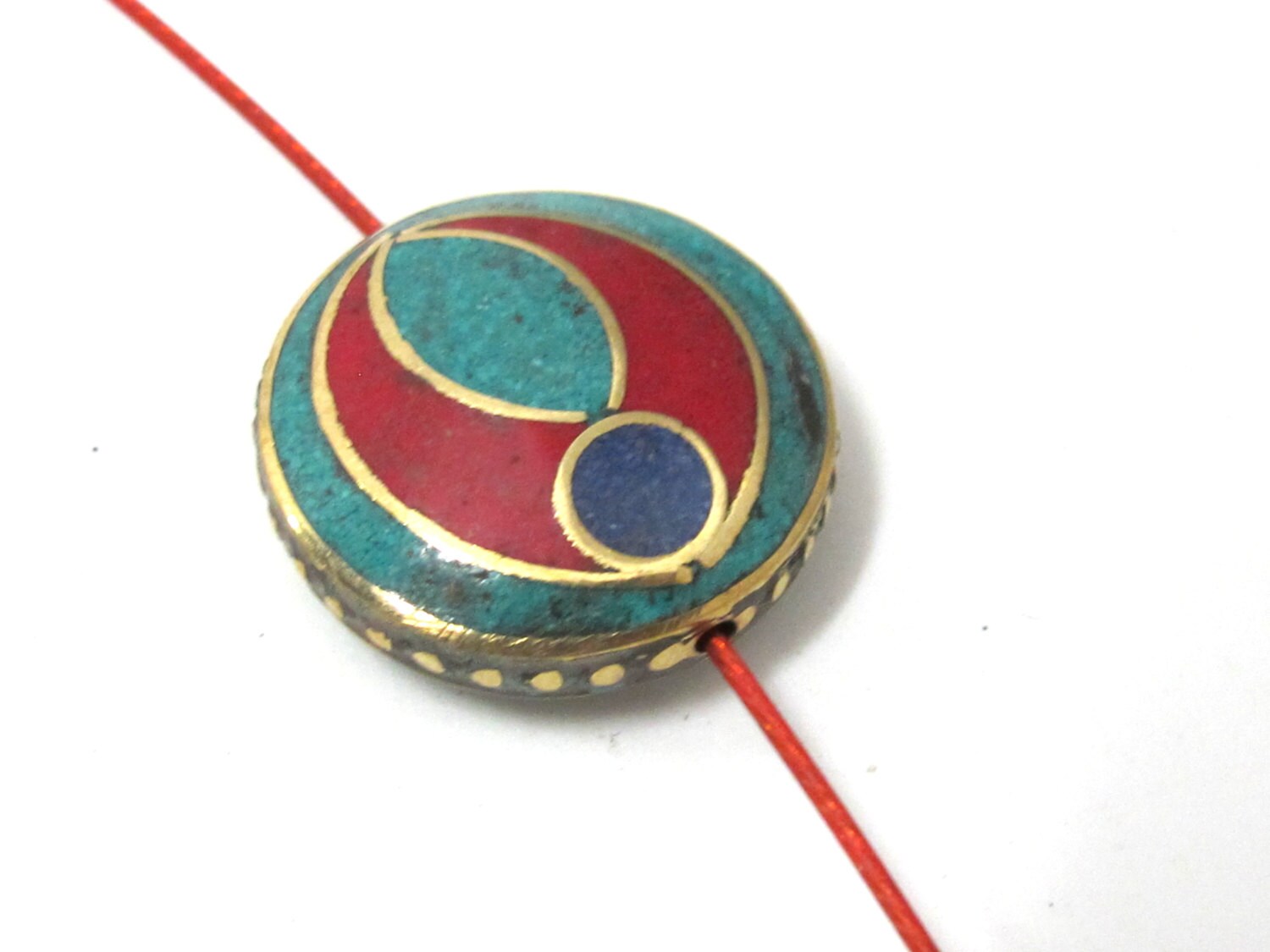 1 BEAD - Ethnic tibetan brass bead with turquoise coral lapis inlay 24 mm - BD931