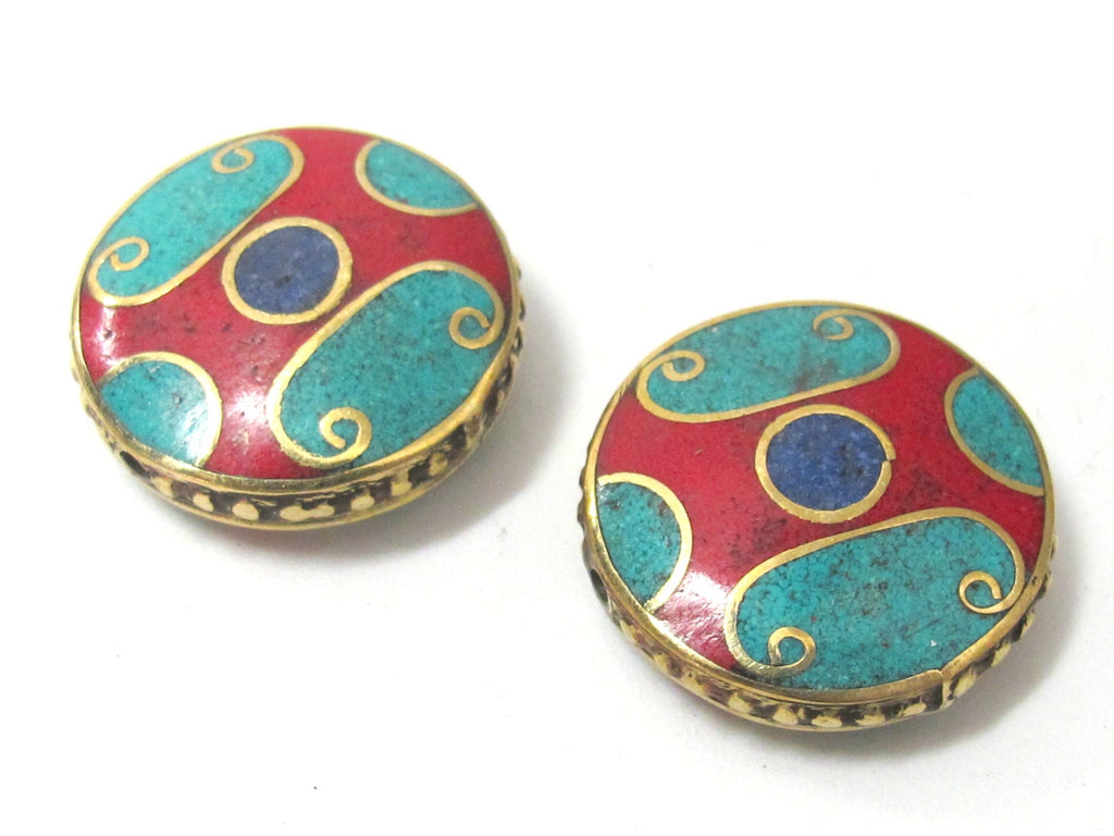 1 BEAD - Beautiful round disc tibetan brass bead with turquoise coral lapis inlay 24 mm - BD932
