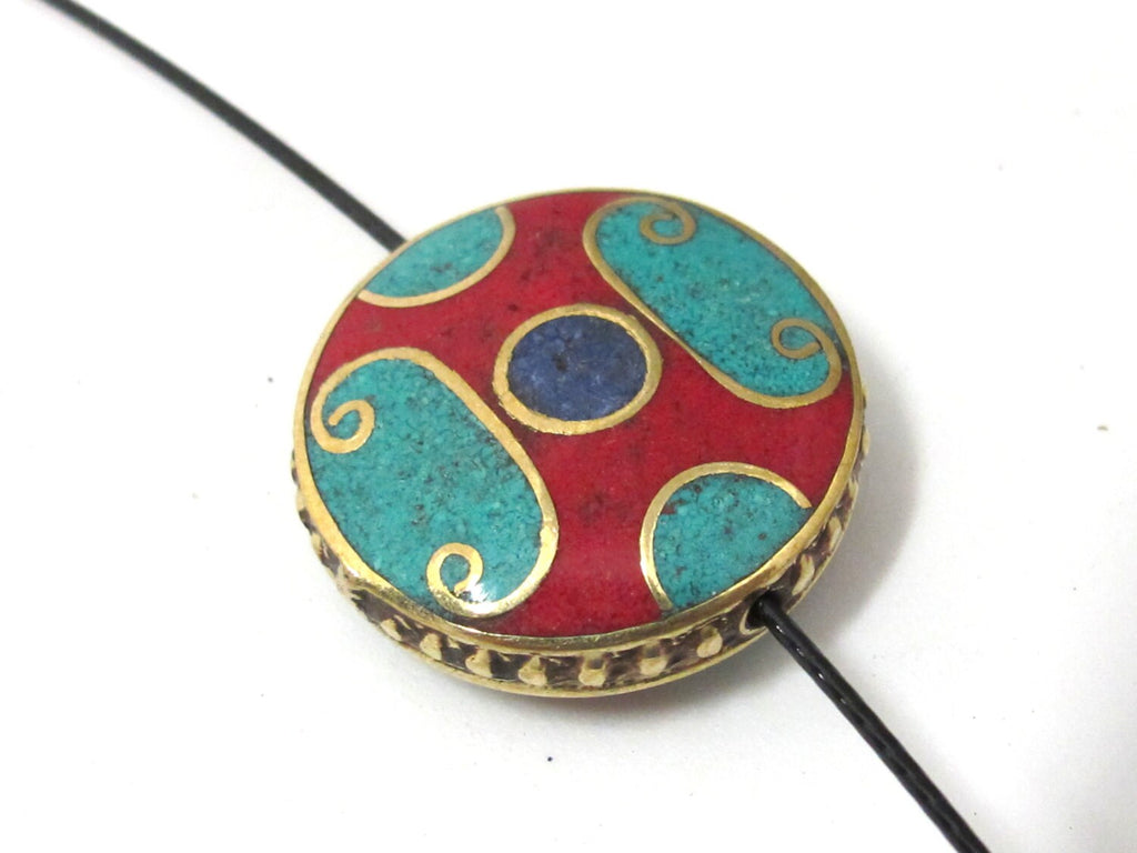 1 BEAD - Beautiful round disc tibetan brass bead with turquoise coral lapis inlay 24 mm - BD932