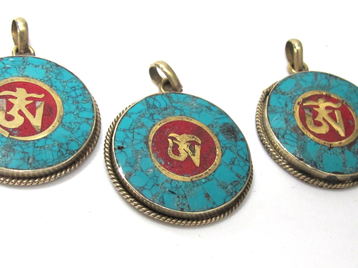1 Pendant - Tibetan OM pendant with turquoise coral inlay - PM525
