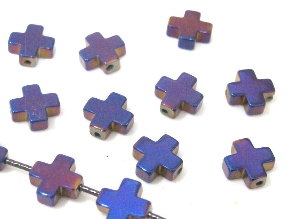 10 Beads - Metallic purple titanium color plated hematite gemstone cross beads 8 mm - GM414
