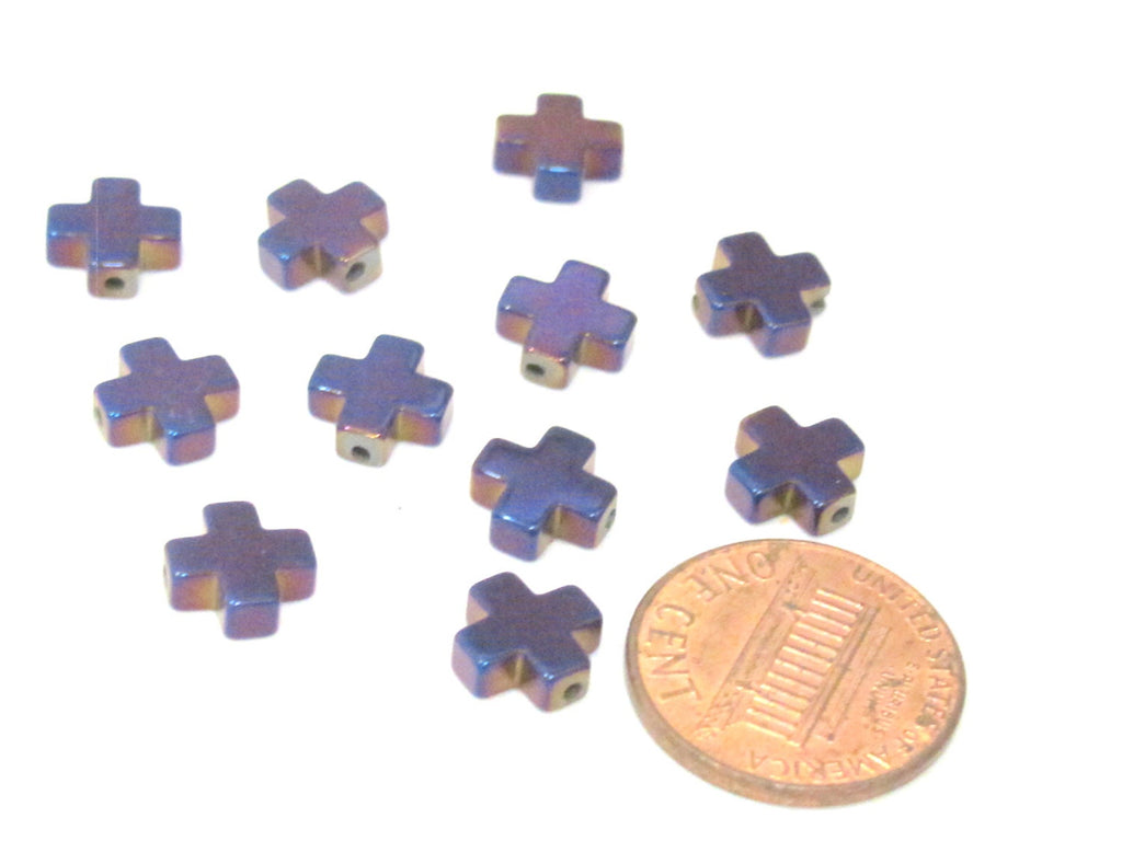 10 Beads - Metallic purple titanium color plated hematite gemstone cross beads 8 mm - GM414
