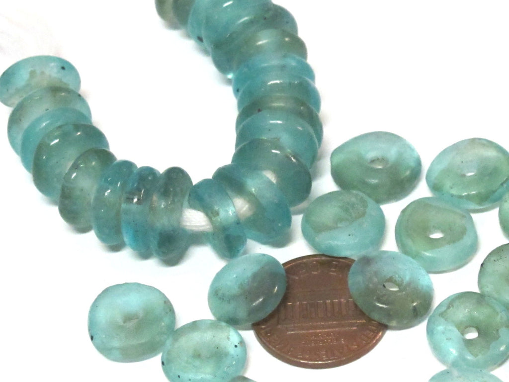 10 BEADS - Blue African recycled glass donut shape disc beads - AB055