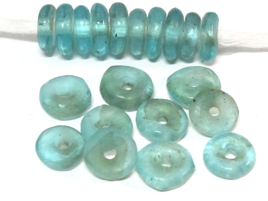 10 BEADS - Blue African recycled glass donut shape disc beads - AB055