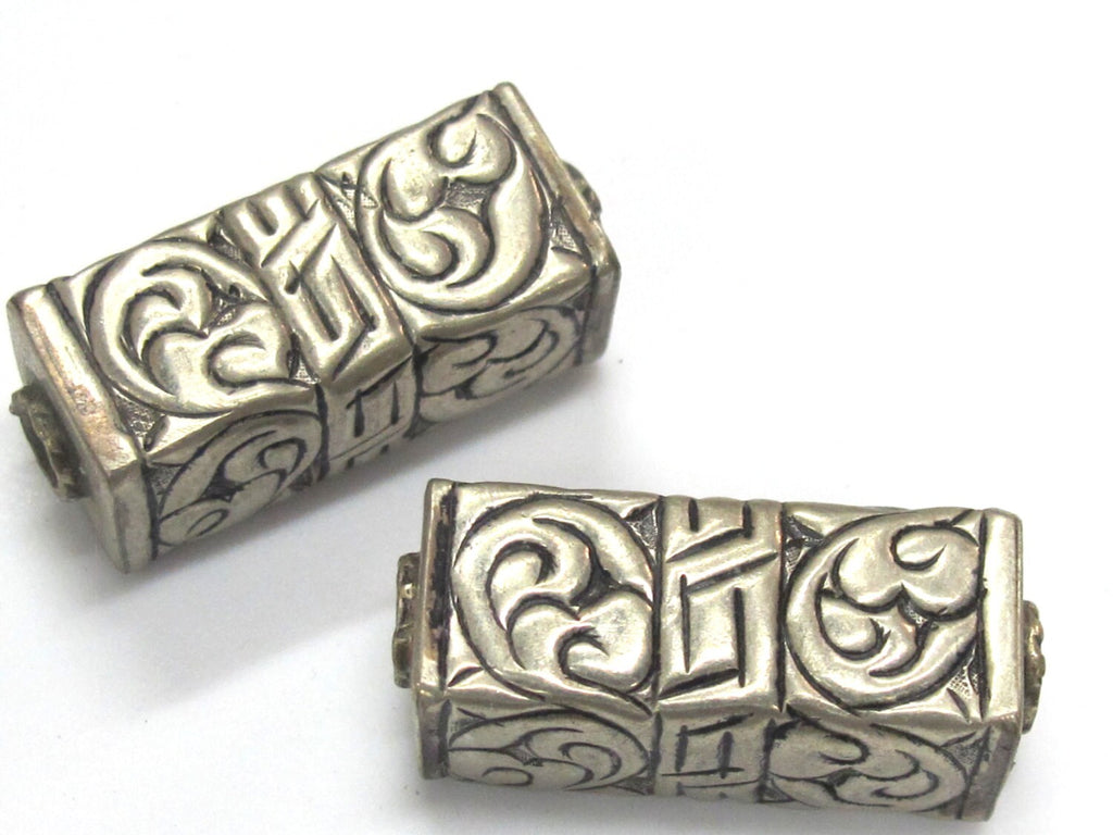 1 Beads - Large Tibetan silver floral carving rectangle cube shape bead - BD935B